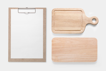 Design concept of mockup clip board and cutting board set isolated.