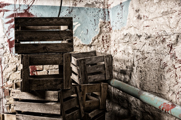 Wooden packing crates in a Halloween horror concept