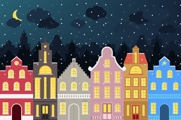 Set of European style colorful cartoon buildings in winter. Isolated hand drawn houses for your design.