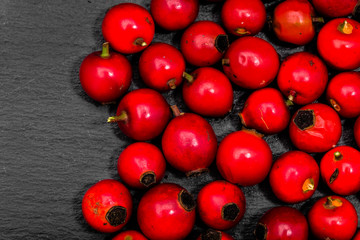 Red rose hip on black background, natural, organic berries, antioxidant