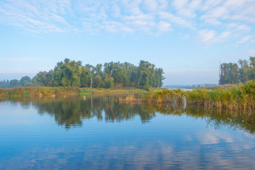 Shore of a lake at sunrise in autumn