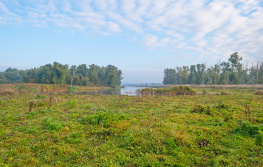 Shore of a lake at sunrise in autumn