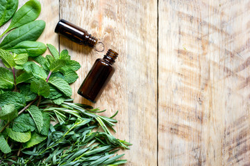 spicy fresh herbs on the wooden background