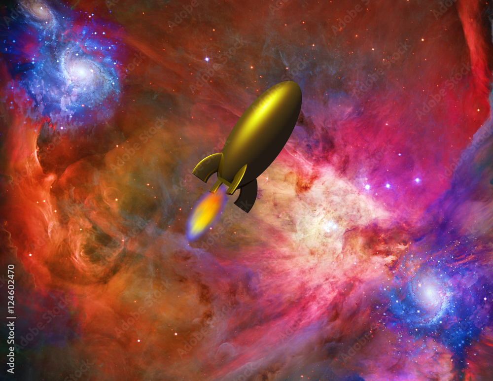 Poster retro look gold rocket with flames beneath in deep interstellar space. space background is mostly re