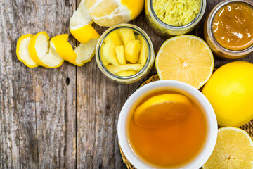 Lemon tea cup, overhead view, flat lay. Vitamin drink for a cold winter day.