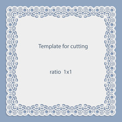 Greeting card with openwork border, paper doily under the cake, template for cutting, wedding invitation, decorative plate is laser cut, frame with lace edge, vector illustrations.