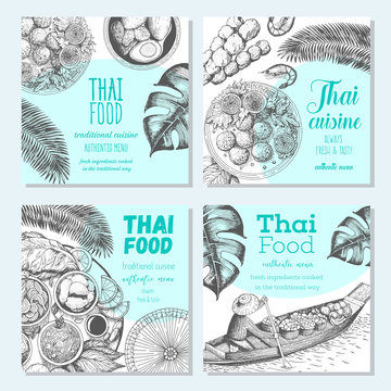 Asian food banner set. Asian food square banner collection. Thai food menu restaurant. Thai food sketch menu. Linear graphic