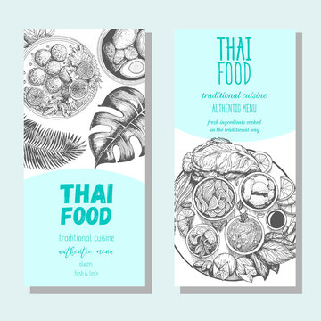 Asian food flyer set. Asian food vertical banner collection. Thai food menu restaurant. Thai food sketch menu. Linear graphic