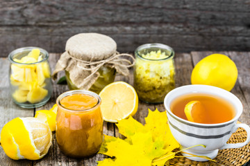 Cup of tea with lemon, honey and ginger. Warming drink for a cold autumn day.
