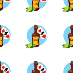 Seamless pattern for design surface on pirate theme. Bottle of rum and playing cards.