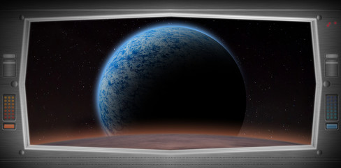 Alien world as seen from a spaceship window