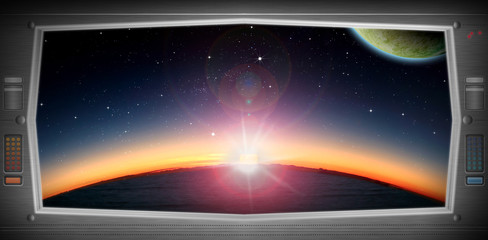 Alien world as seen from a spaceship window