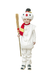 Boy in carnival costumes of snowmen. Stand hold hands isolated on white background