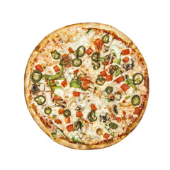 Pizza Mexican. Tomato sauce, chicken breast, sweet green pepper, onions, champignons, tomatoes, pepper of jalapeno, olive, cheese mozzarella. Isolated on white background
