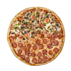 Half pizza. Tomato sauce, pepperoni, ham, bacon, fragrant pork, beef, cheese mozzarella, Italian sausages.  Isolated on white background