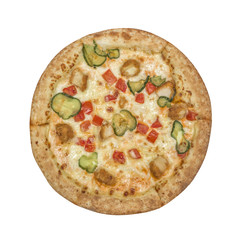 Pizza Chicken. Chicken naggensa, tomatoes, sauce, onions, pickles, cheese mozzarella.  Isolated on white background