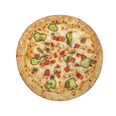 Pizza Cheeseburger. Beef, bacon, onions, tomatoes, marinated cucumbers, sauce, cheese mozzarella.  Isolated on white background