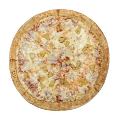 Pizza Hawaiian. Tomato sauce, ham, pineapples. cheese mozzarella.  Isolated on white background