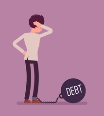 Businessman chained with a giant metall weight, written Debt on a ball, thinking the problem over, scratching his head. Rear view. Cartoon vector flat-style concept illustration