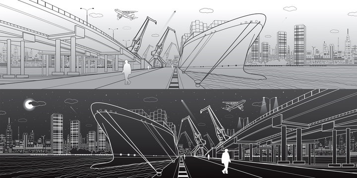 Transportation and industrial panorama. Cargo ship loading, boats on the water, sea harbor. Transport overpass, highway, urban scene, airplane fly. Light and dark lines. Vector design art