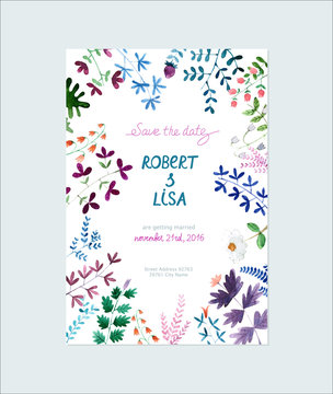 Save The Date invitation with watercolor flowers - illustration.
