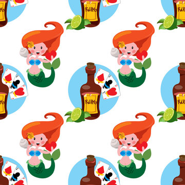 Seamless pattern for design surface on pirate theme. Bottle of rum and playing cards.