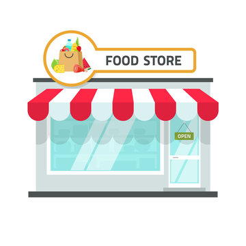 Food Store Building Vector Illustration Isolated On White Background, Grocery Shop Facade With Food Signboard On Roof Front View, Storefront Flat Cartoon Style