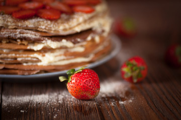 Cake of  pancakes,top view  dark brown wooden background, rustic