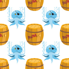 Seamless pattern for design surface Wooden barrel of rum.