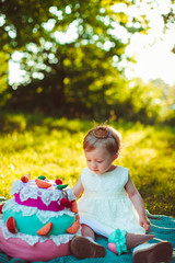 small child looks at the big cake