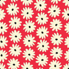 Fototapeta premium Seamless pattern with hand drawn flowers in cream and black on red background.