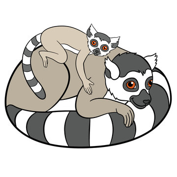 Cartoon animals for kids. Mother lemur with her baby.