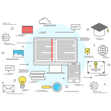 E-learning and online education concept line style illustration