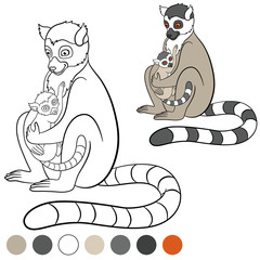 Color me: lemur. Mother lemur with her cute baby. © ya_mayka