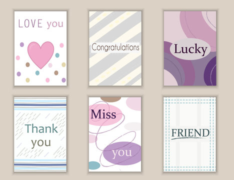 Cute hand drawn doodle postcards, cards, covers with different elements and quotes including thank you, love, miss you, friend, congratulations, lucky. Printable templates set