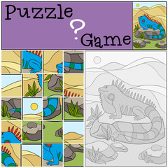 Education game: Puzzle. Little cute iguana sits on the rock.