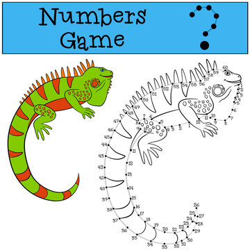 Educational game: Numbers game with contour. Cute iguana.