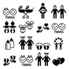 Twin babies icons set - double pram, twin boy and girl designs
 - obrazy, fototapety, plakaty