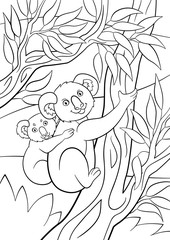 Naklejka premium Coloring pages. Mother koala with her little cute baby.