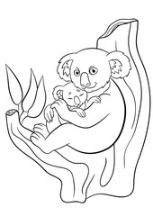 Obraz premium Coloring pages. Mother koala with her little cute sleeping baby.
