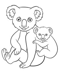 Coloring pages. Mother koala with her little cute baby.