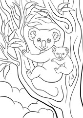 Coloring pages. Mother koala with her little cute baby.