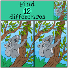 Educational game: Find differences. Mother koala with her cute b