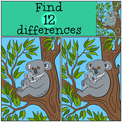 Educational game: Find differences. Mother koala with her cute b