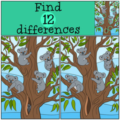 Educational game: Find differences. Four koala babies smile.