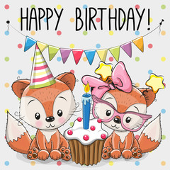 Fototapeta premium Greeting card two cute Cartoon Foxes