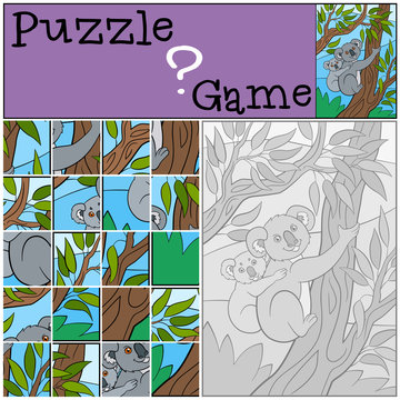 Education game: Puzzle. Mother koala with her little cute baby.