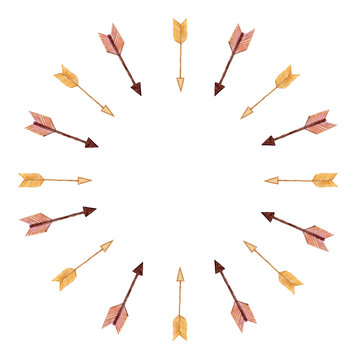 Watercolor arrows circle frame. Native Americans design isolated on white