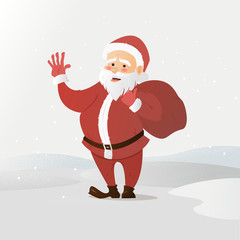 Santa Claus waving. Has brought the bag with gifts. Vector illustration of a flat style. Bright New Year and Christmas characters