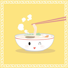 ramen soup egg, chives yellow background.